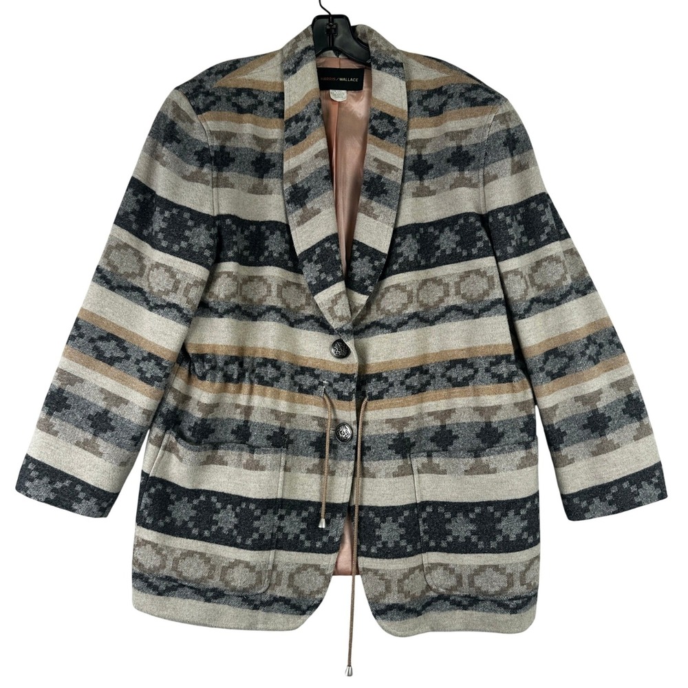 Harris Wallace Southwestern Geometric Wool Blend Blazer Womens L Grey Vintage